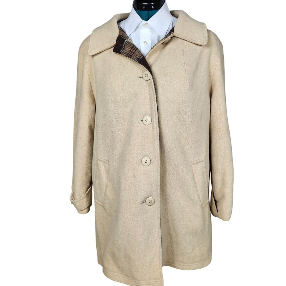 Vintage Penguin Wool Coat Beige With Plaid Lining Women's Size 18